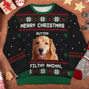 Merry Christmas Ya Filthy Animal - Personalized Custom Unisex Ugly Christmas Sweatshirt, Wool Sweatshirt, All-Over-Print Sweatshirt - Upload Image, Gift For Pet Lovers, Christmas Gift