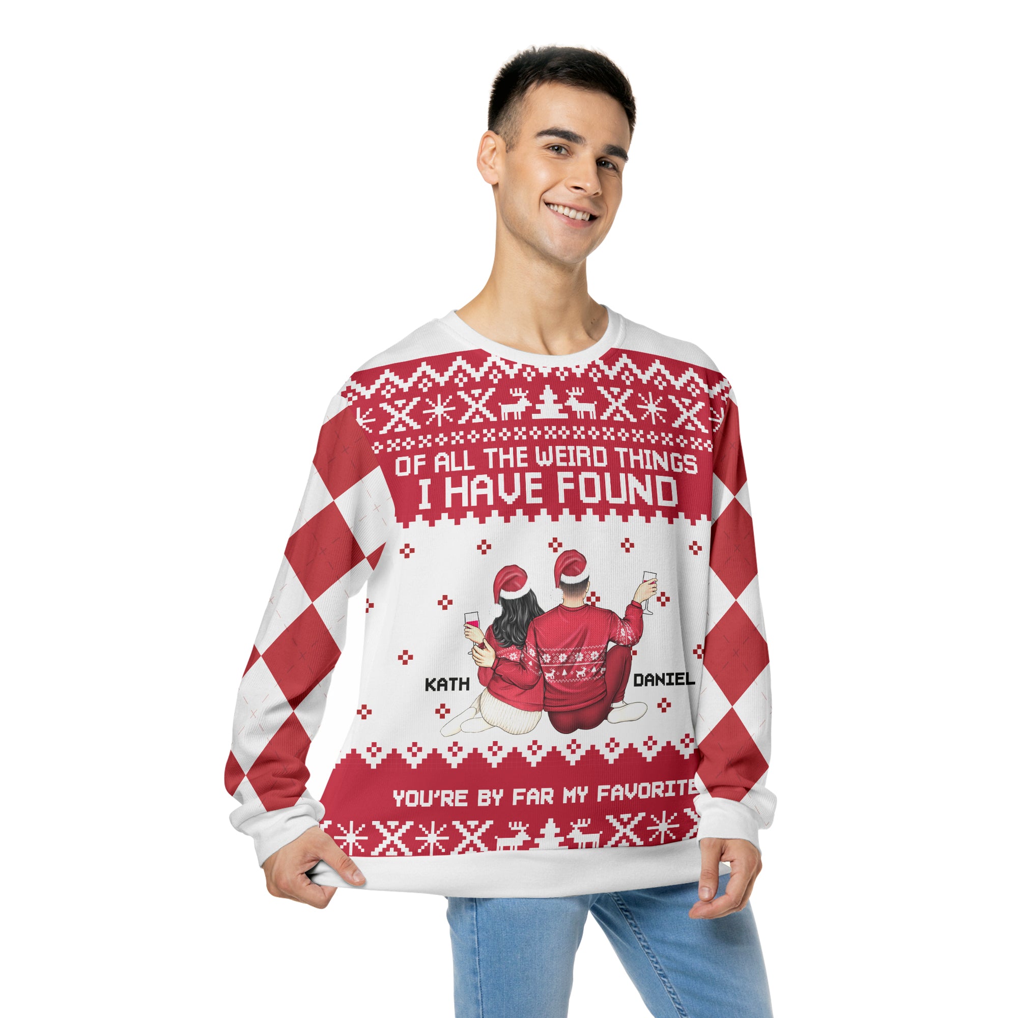 Of All The Weird Things - Personalized Custom Unisex Ugly Christmas Sweatshirt, Wool Sweatshirt, All-Over-Print Sweatshirt - Gift For Couple, Husband Wife, Anniversary, Engagement, Wedding, Marriage Gift, Christmas Gift