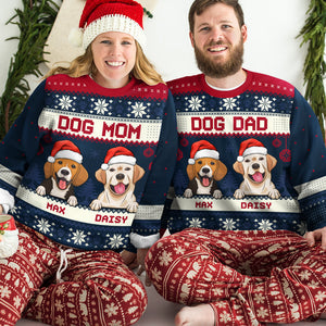 Merry Christmas, Dog Mom Dog Dad - Personalized Custom Unisex Ugly Christmas Sweatshirt, Wool Sweatshirt, All-Over-Print Sweatshirt - Gift For Dog Lovers, Pet Lovers, Christmas Gift