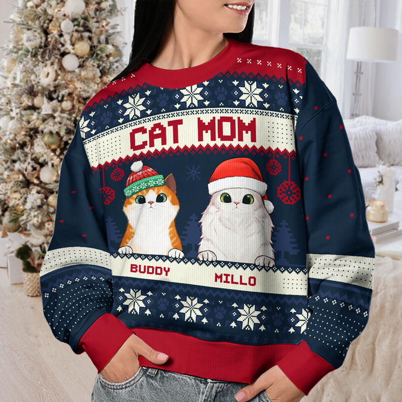 Merry Christmas, Cat Mom Cat Dad - Personalized Custom Unisex Ugly Christmas Sweatshirt, Wool Sweatshirt, All-Over-Print Sweatshirt - Gift For Cat Lovers, Pet Lovers, Christmas Gift
