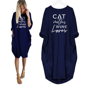 Cat Mother Wine Lover Dress Navy Blue / S