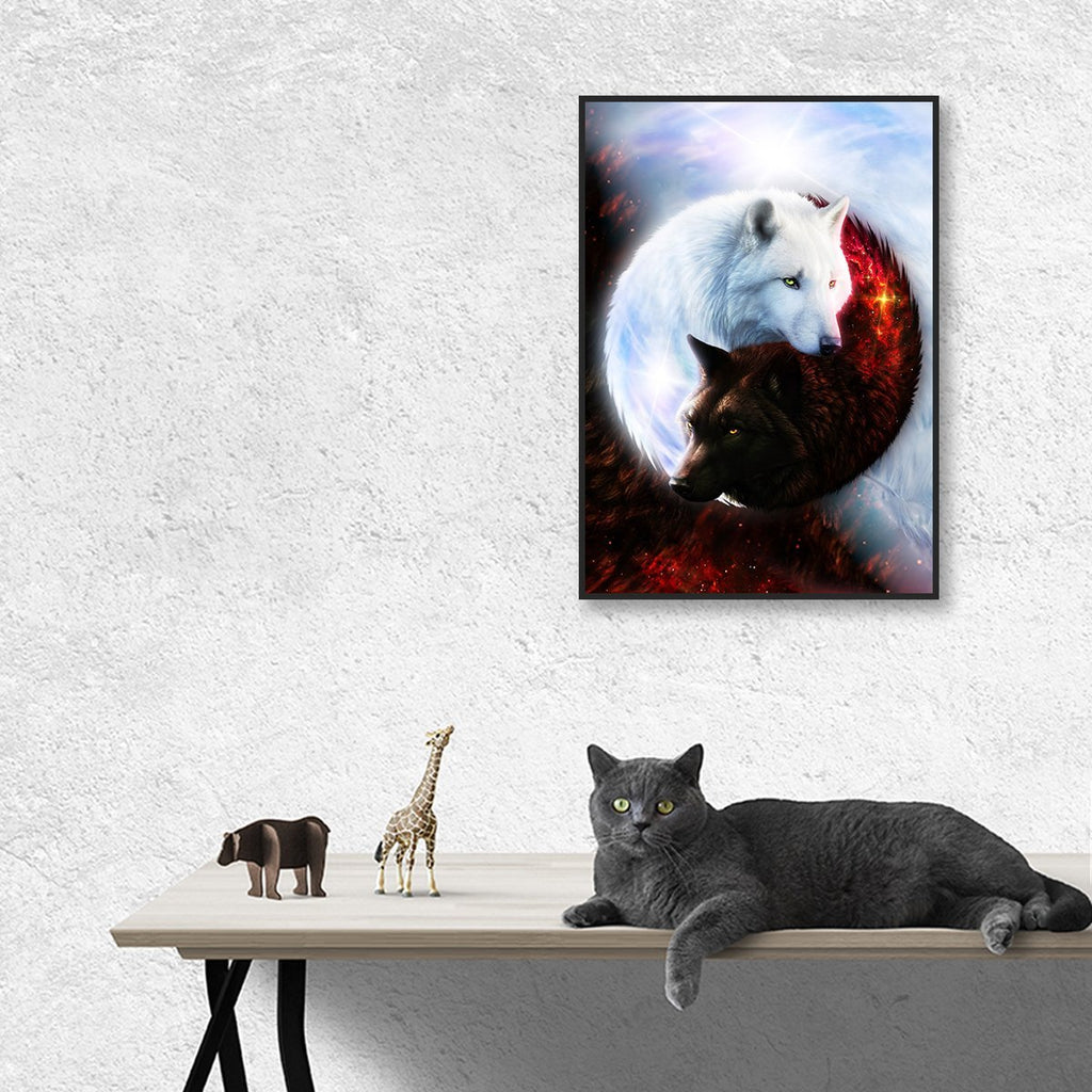 Yin Yang Fire Ice Wolves Bordered Frame Wall-Art Small / Black