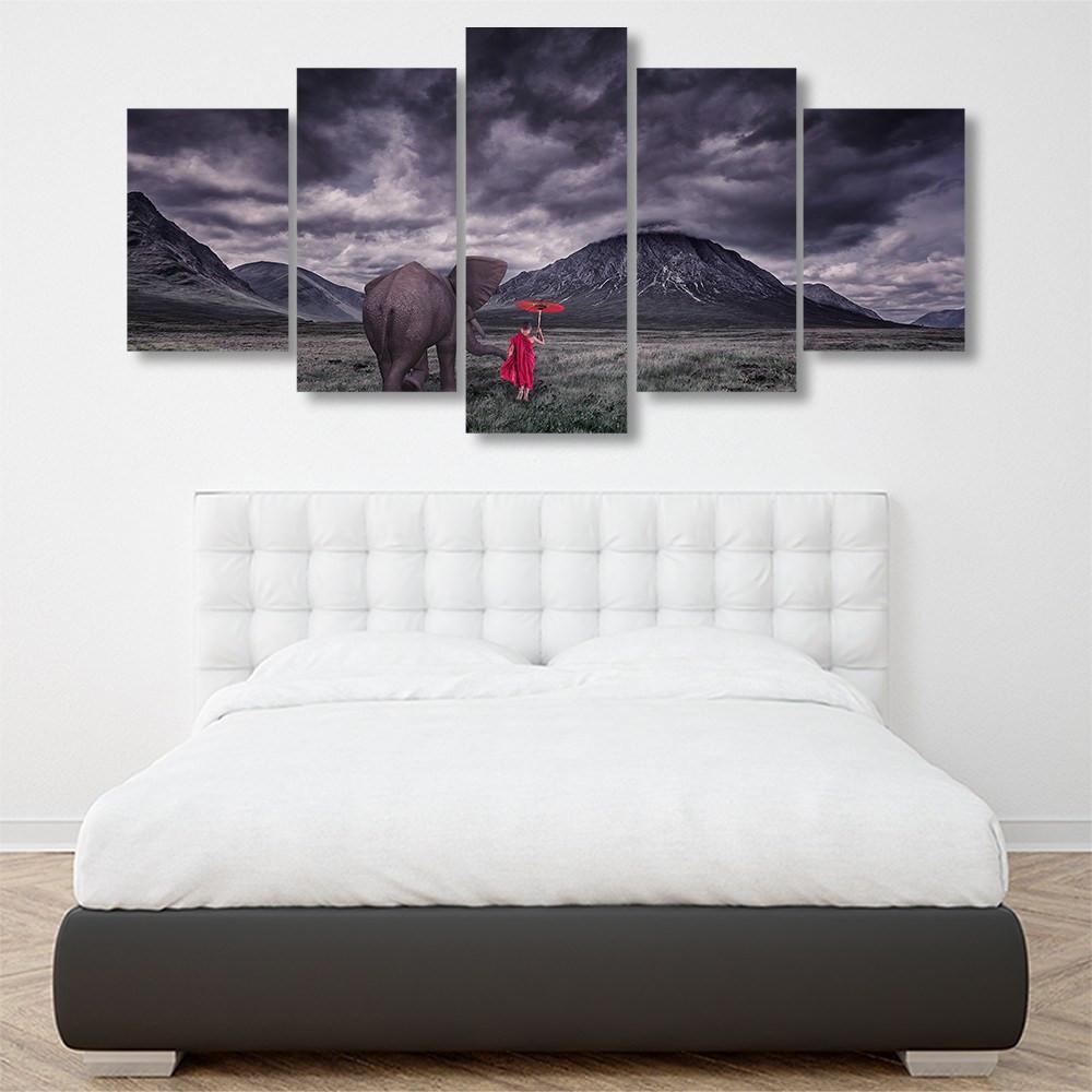 Elephant With Monk 5 Piece Canvas Small / No Frame Wall
