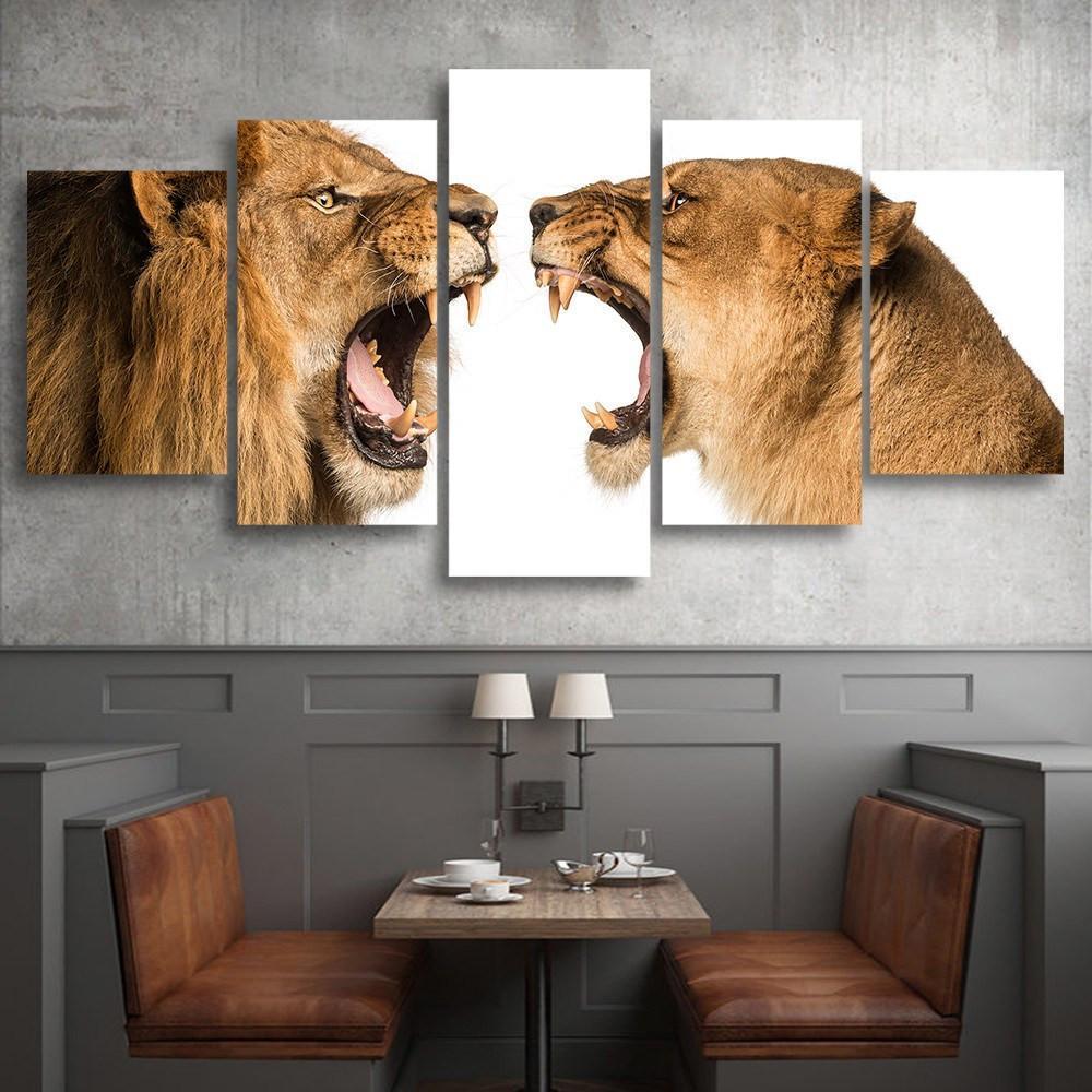 Lion And Lioness Roaring 5 Piece Canvas Small / No Frame Wall