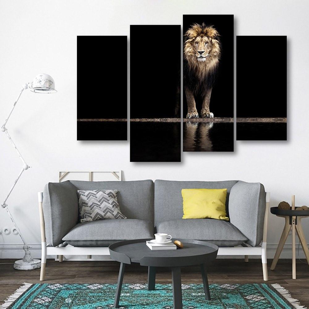Lion At Waterhole 4 Piece Canvas Small / No Frame Wall
