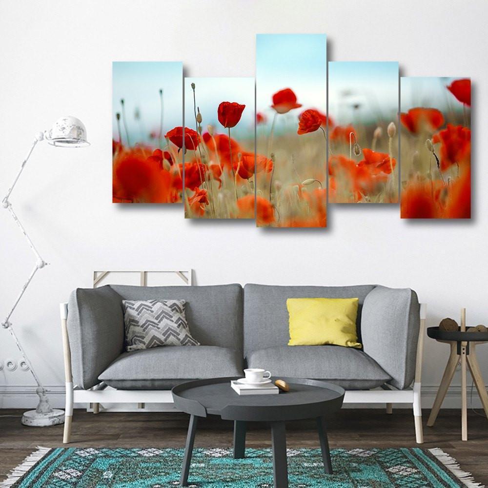 Summer Poppy Meadow 5 Piece Canvas Small / No Frame Wall