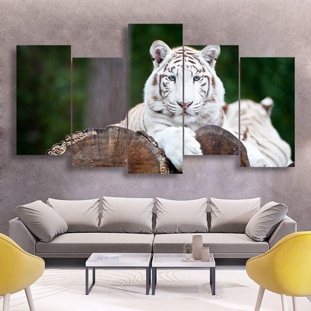 White Tiger 5 Piece Canvas Small / No Frame Wall