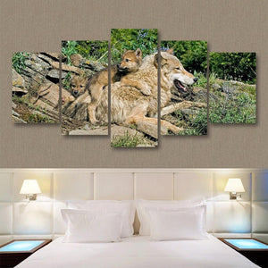 Wolf & Cubs 5 Piece Canvas Small / No Frame Wall