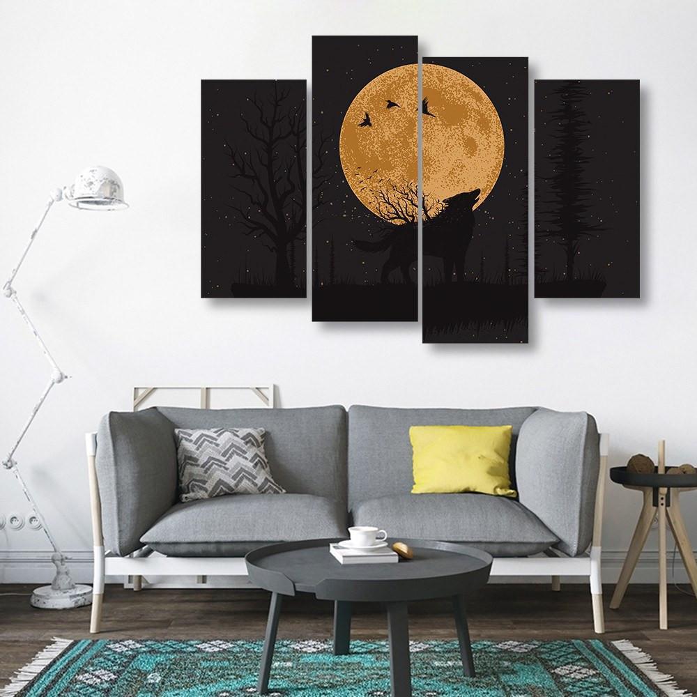 Wolf Howling At The Moon 4 Piece Canvas Small / No Frame Wall